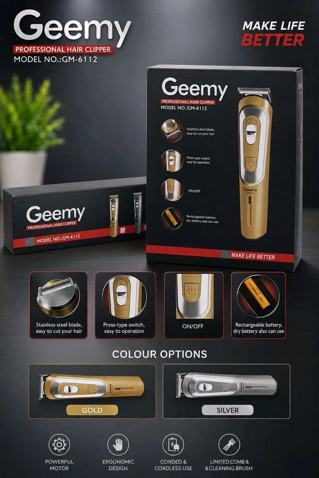 New Geemy GM-6112 Professional Premium Quality Hair Trimmer (4 Blade , Golden & Silver Colour Option)