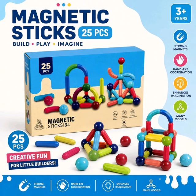 Magnetic Sticks 25 Pcs | Magnetic Building Blocks Construction Toy for Kids 3+ Years | Creative Educational STEM Toy | Colorful Magnetic Construction Set