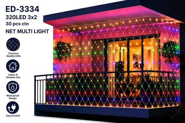 ED-3334 320 LED 3×2 Net Multi Light | Decorative Multicolor LED Net Light for Home, Balcony & Outdoor Decoration ( Size 10×7 Ft )