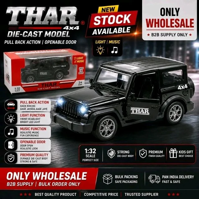 Premium 1:32 Die-Cast Metal Thar Pull Back Car with Light & Music | Openable Doors | Kids Toy | Wholesale Only