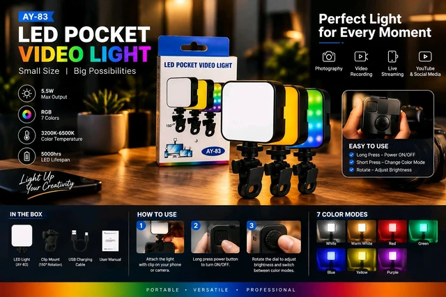 AY-83 LED Pocket Video Light |RGB 7 Colors |5.5W |3200K-6500K | Type-C | 150° Adjustable Clip