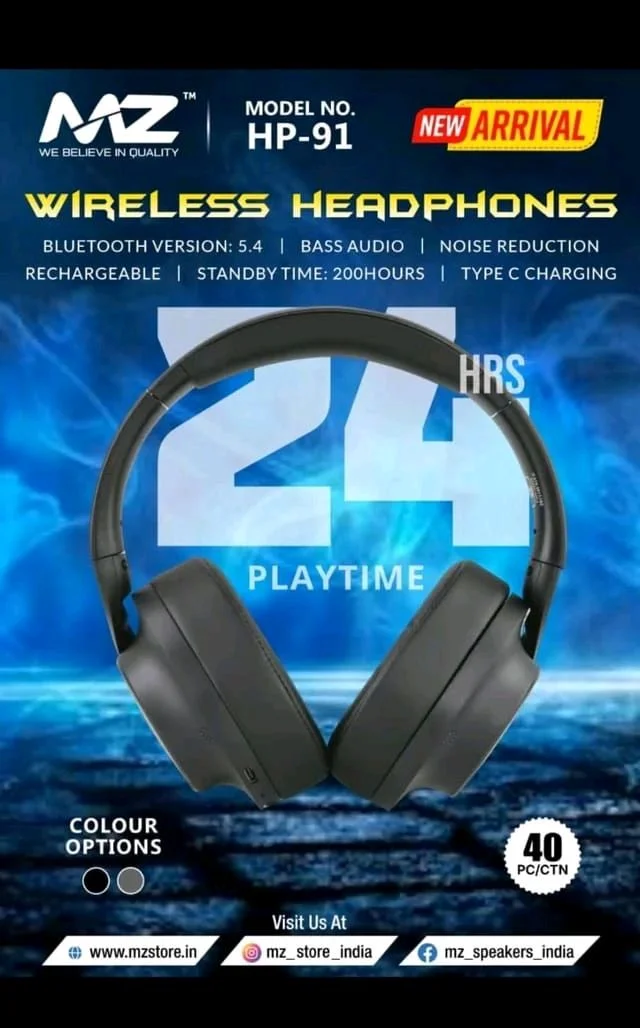 MZ New Wireless Headphones (Hp-91) Bluetooth Version 5.4 , Bass Audio, Rechargeable, Type C Charging)