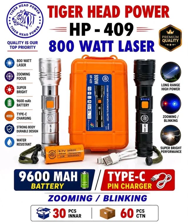 Tiger Head Power HP-409 800W Laser Flashlight with 9600mAh Battery & Type-C Charging