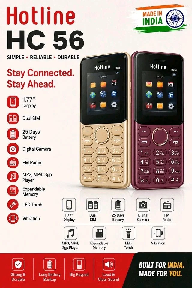 Hotline HC56 Dual SIM Keypad Mobile Phone |3000mAh Battery 1.77" Display | FM Radio | LED Torch | Long Battery Backup