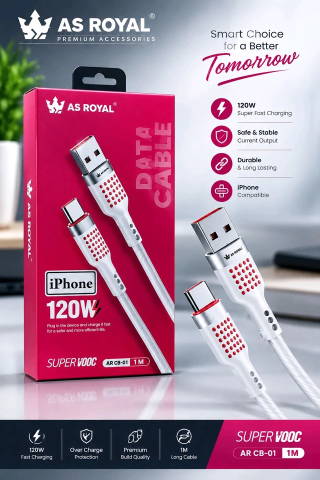 AS ROYAL Ar -01 120W USB To iPhone Fast Charging Data Cable | Premium Braided Nylon Cable | High-Speed Data Sync | 