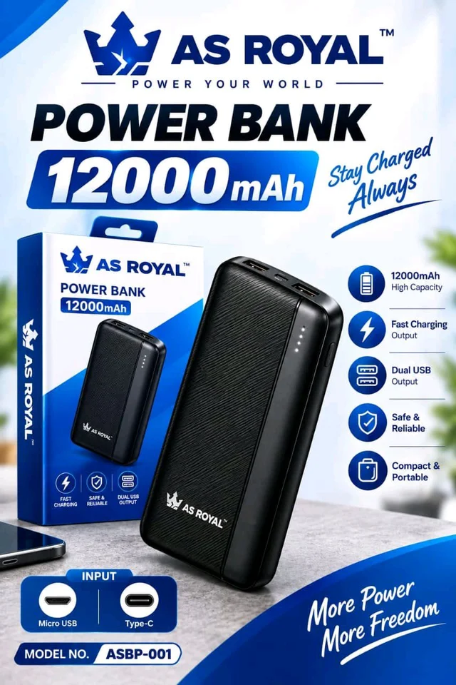 AS Royal PB-001 18W , 12000Mah Polymer Power Bank (Super Vooc Support 1 Yrs Warranty)