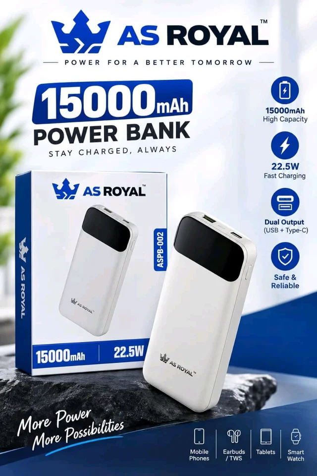 AS Royal PB-002 22W , 15000Mah Polymer Power Bank (Digital Display, Super Vooc Support 1 Yrs Warranty)