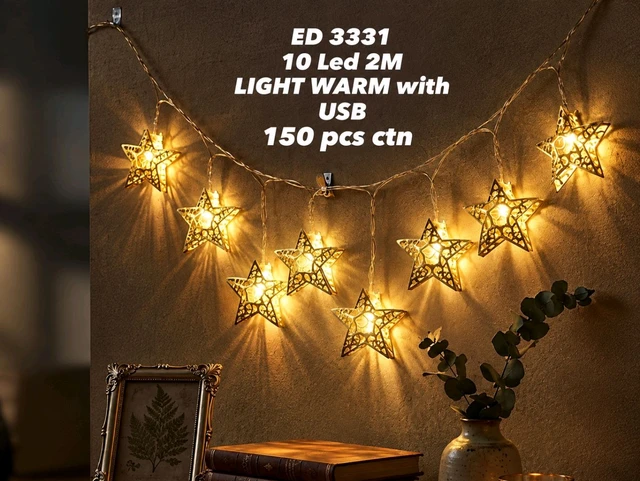 (Ed3331) 10 LED Star String Lights 2M Warm White with USB – Decorative Fairy Lights