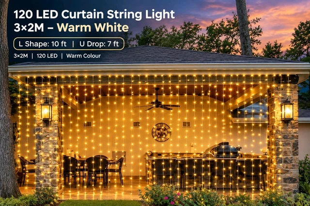 (ED3360) 120 LED Curtain String Lights 3×2M Warm White – L Shape 10 ft & U Drop 7 ft