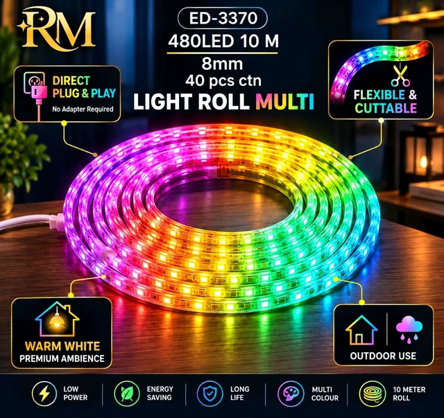 (ED3370) RGB LED Strip Light 10 Meter – 480 LED, 8mm, Flexible & Cuttable, Direct Plug & Play