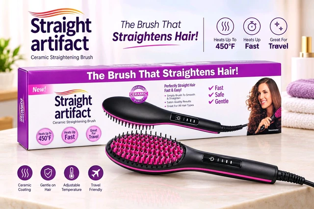New (HQT-906 B)Straight Artifact Ceramic Hair Straightening Brush – 450°F, Fast Heating & Adjustable Temperature