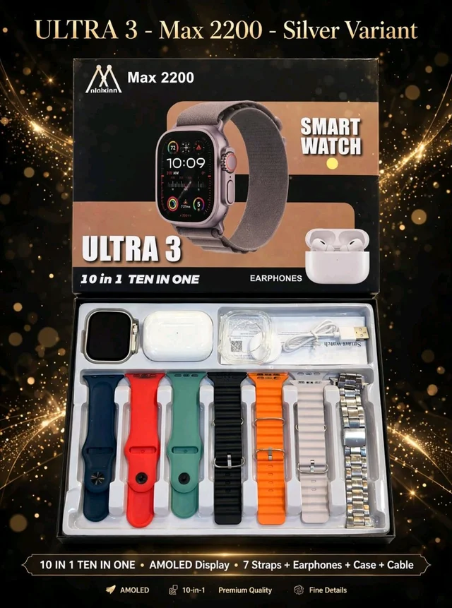 New Max-2200 Smart Watch (10in1 , Silicon Cover , Metal Starp , Wireless Charger , Earbuds , 7 Different Colour)