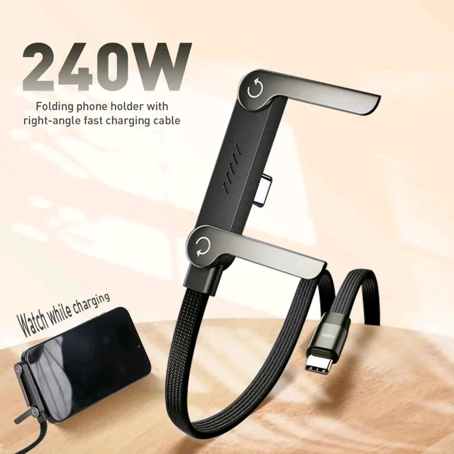 New Metal Invisible Holder Charger Cable - 240W Fast Charging Sideways Cord with Built-in Phone Stand, Braided Durable Cable for Smartphones & Tablets