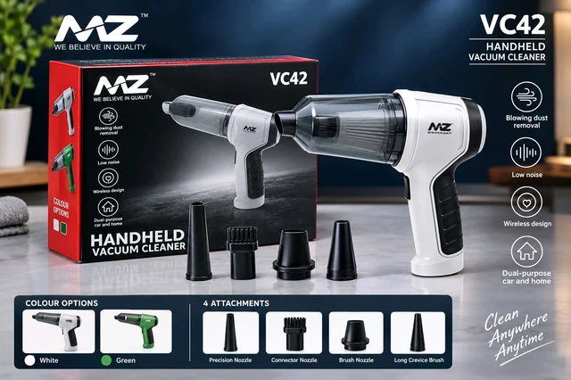 MZ New VC-42 Cordless Handheld Vacuum Cleaner with 4 Attachments for Car & Home