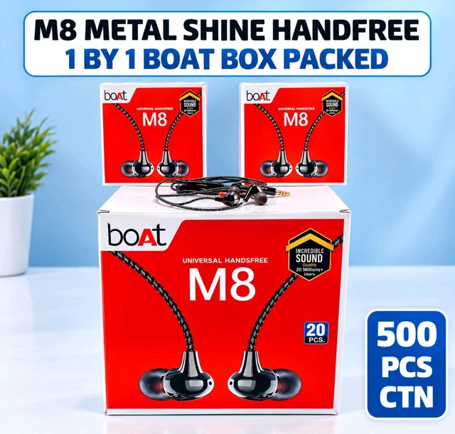 M8 Metal Shine Wired Handsfree Earphone with Premium Bass & 1 by 1 Box Packing 