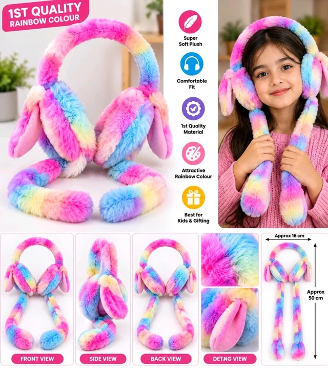New 1st Quality Rainbow Plush Bunny Ear Earmuffs for Kids | Soft & Comfortable Winter Ear Warmer | Multicolor