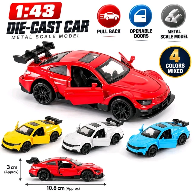 New 1:43 Die-Cast Metal Toy Car | Pull Back Action & Openable Doors | Mini Sports Car Model | 4 Colors Mixed | Box Packing