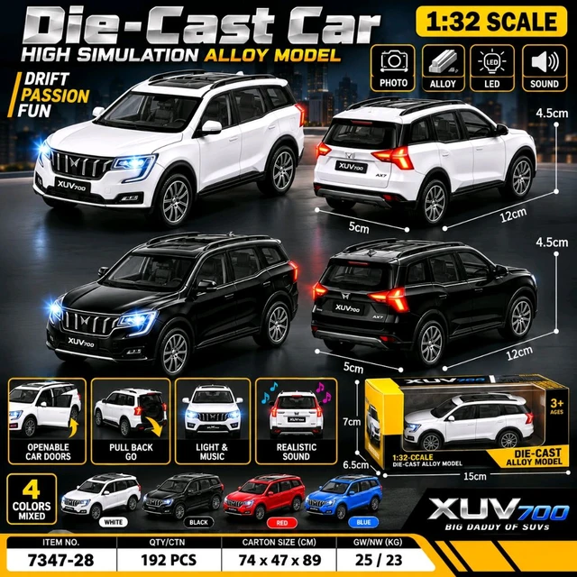 New Metal  XUV-700 Die-Cast Alloy Toy Car | Pull Back Action | Openable Doors | LED Lights & Sound | 4 Colors Mixed | Box Packing