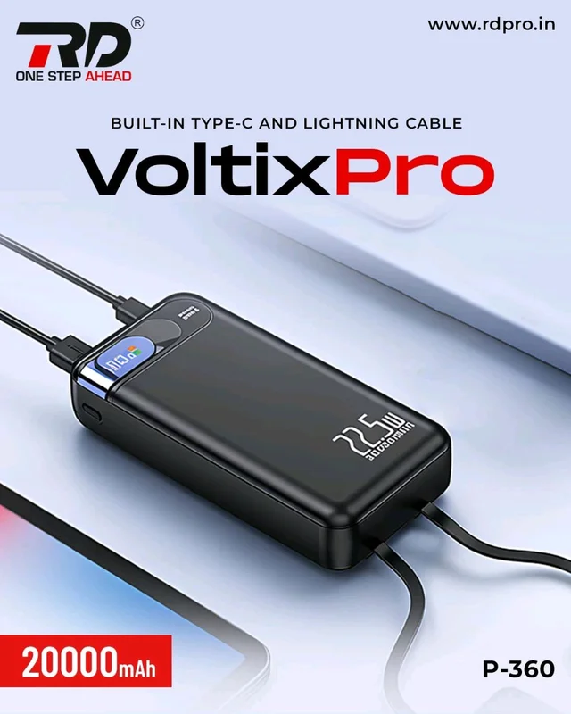 RD Voltix Pro P-360 Power Bank 20000mAh – Built-in Type-C & Lightning Cable