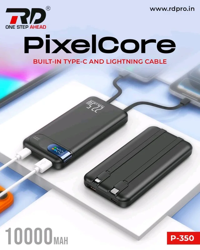 RD PixelCore P-350 Power Bank 10000mAh – Built-in Type-C & Lightning Cable 