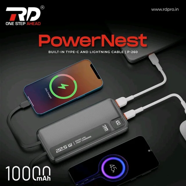 RD PowerNest P-260 Power Bank 10000mAh – 22.5W Fast Charging, Built-in Type-C & Lightning Cable