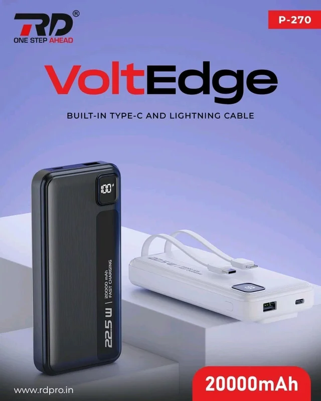 RD VoltEdge P-270 Power Bank 20000mAh – 22.5W Fast Charging, Built-in Type-C & Lightning Cable