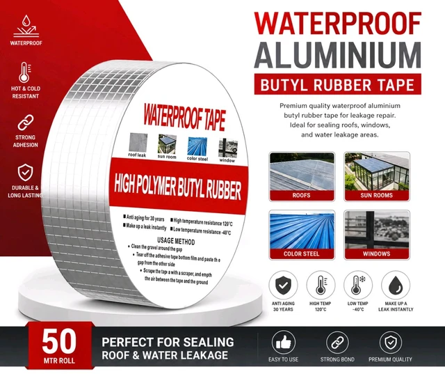New Waterproof Aluminium Butyl Rubber Tape for Leakage Repair, Hot & Cold Temperature Aluminium Foil Tape, Perfect for Sealing Roof & Water Leakage (50Mtr Roll Silver)