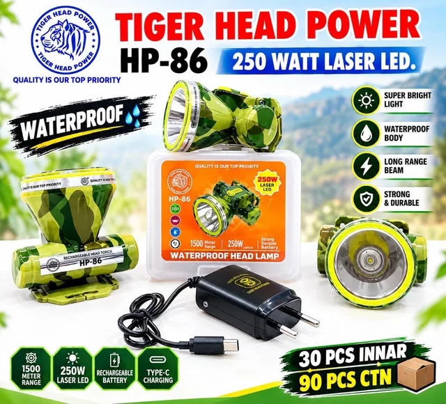 Tiger Head New HP-86 Rechargeable Led Head Torch (250Wts , Army Colour)