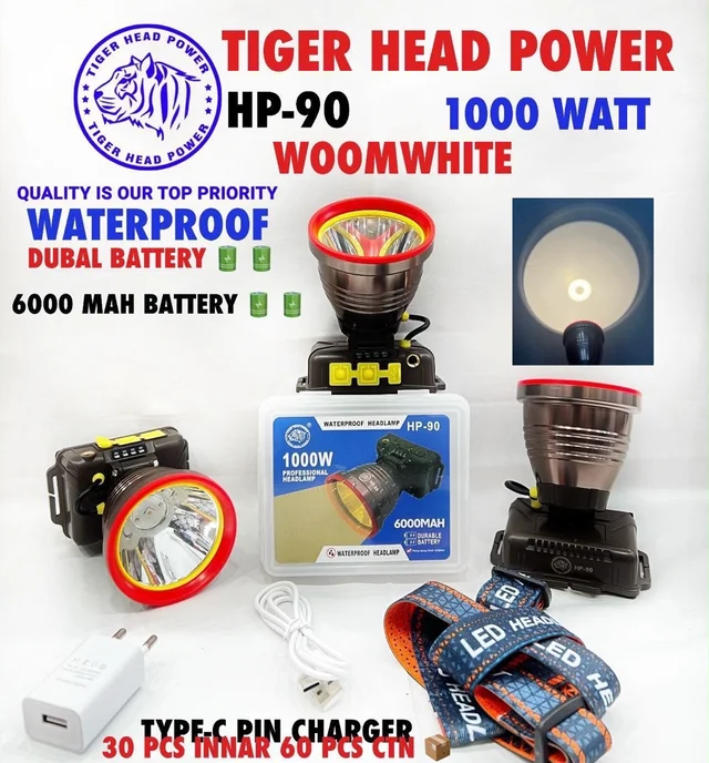 Tiger Head New HP-90 Warm Light 1000Wts Led Head Torch (Waterproof , 6000Mah Battery)