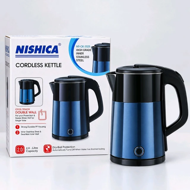 NISHICA NS-CK-2025 2.0L Double Wall Cordless Electric Kettle – Stainless Steel Inner