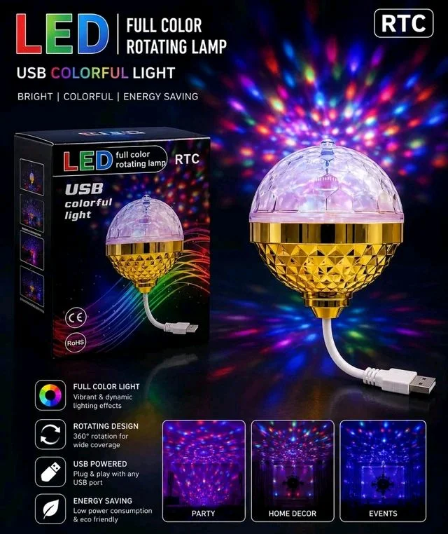 USB LED Rotating Disco Light – RGB 360° Color Changing Party Light for Home, Room Decoration & Events