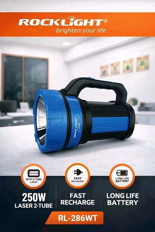 ROCK LIGHT RL-286WT 250W Rechargeable LED Torch Light | High Power Laser Torch with 2 Tube | Kisan & Outdoor Use