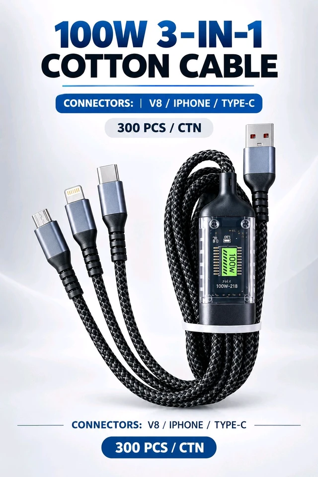 New 100W 3-in-1 Cotton Braided Charging Cable with Digital Power Display – V8 / iPhone / Type-C – 300 Pcs Master Carton