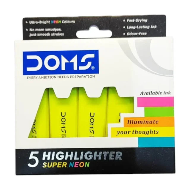 Doms 5 Highlighter Super Neon Pack of 5 Pieces - Yellow