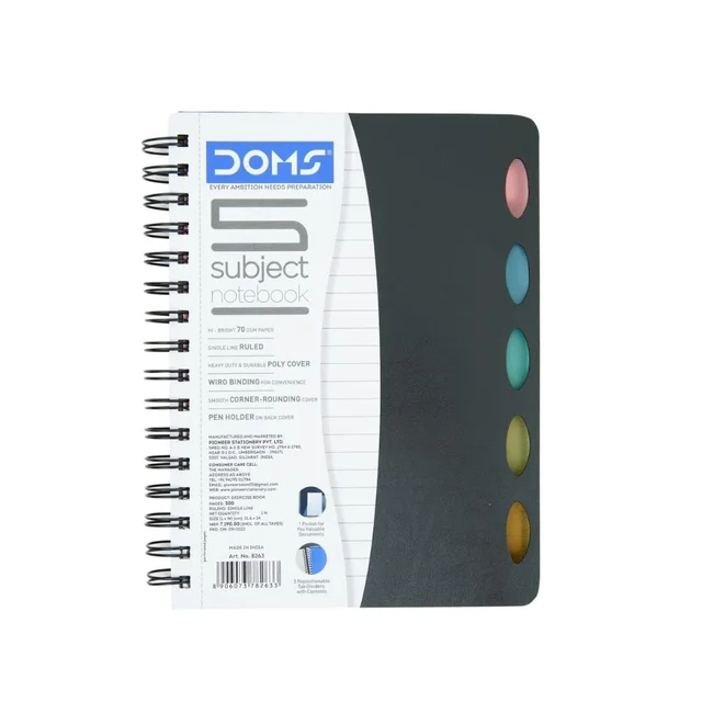 Doms 5 Subject Notebook Wiro Binding & Poly Cover 70 gsm Paper Pages 300 Size B5