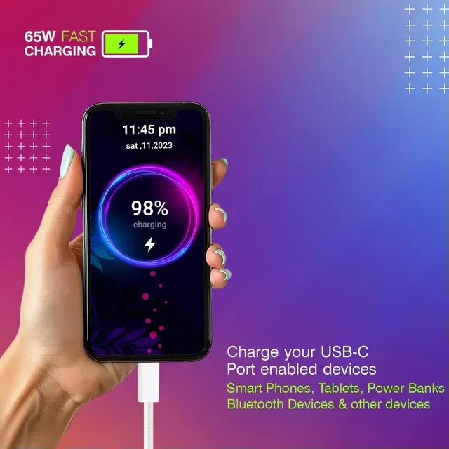 ERD USB C Braided Data Cable 65W 1 Meter UC-194 - 1 Piece, White