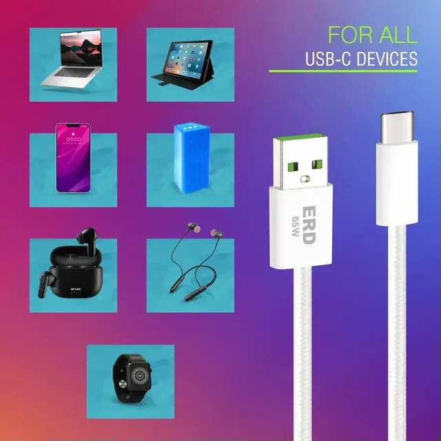 ERD USB C Braided Data Cable 65W 1 Meter UC-194 - 1 Piece, White
