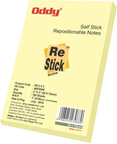 Oddy Re-Stick Notes Yellow - 2x3