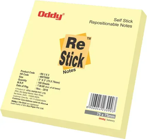 Oddy Re-Stick Notes Yellow - 3x3