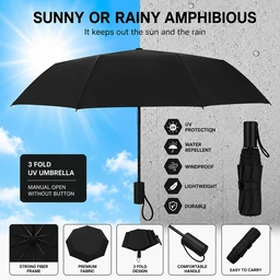 UV BLACK UMBRELLA, 3 Fold UV Protection Umbrella Manual Open | Windproof Lightweight Portable Folding Rain & Sun Umbrella(3080)-S3555