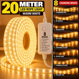 20M ROPE MZ WW ,20 Meter Warm White LED Rope Light with 8 Changing Modes for Diwali Decoration(0091)