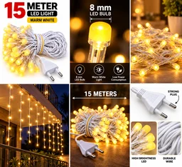 SINGLE COLOR WW 15M, 15 Meter Warm White LED Diwali Decoration String Lights with 8mm LED Bulbs(0041)