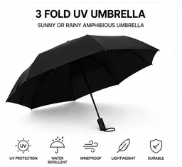 UV BLACK UMBRELLA, 3 Fold UV Protection Umbrella Manual Open | Windproof Lightweight Portable Folding Rain & Sun Umbrella(3080)-S3555