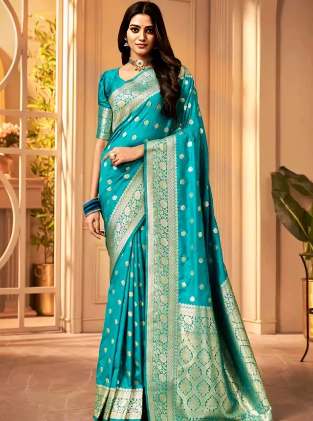 Women's Kanjivaram Soft Banarasi Silk Saree With Blouse Piece Firozi
- Free Size, Green