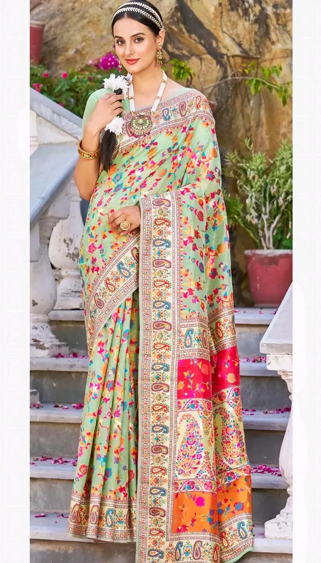 Women's Banarasi Cotton Silk Saree | Pashmina Jamawar Pattern & Golden Zari | Unstitched Blouse for Custom Fit - Free Size