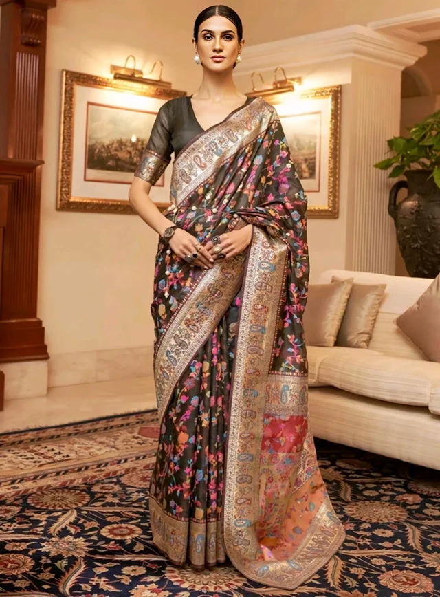 Women's Banarasi Cotton Silk Saree | Pashmina Jamawar Pattern & Golden Zari | Unstitched Blouse for Custom Fit - Free Size