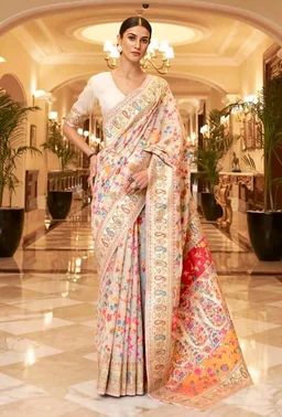 Women's Banarasi Cotton Silk Saree | Pashmina Jamawar Pattern & Golden Zari | Unstitched Blouse for Custom Fit - Free Size