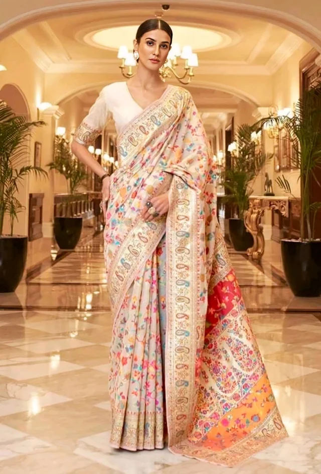 Women's Banarasi Cotton Silk Saree | Pashmina Jamawar Pattern & Golden Zari | Unstitched Blouse for Custom Fit - Free Size