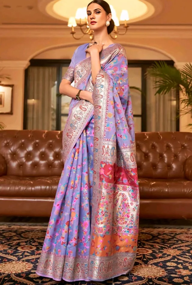 Women's Banarasi Cotton Silk Saree | Pashmina Jamawar Pattern & Golden Zari | Unstitched Blouse for Custom Fit - Free Size