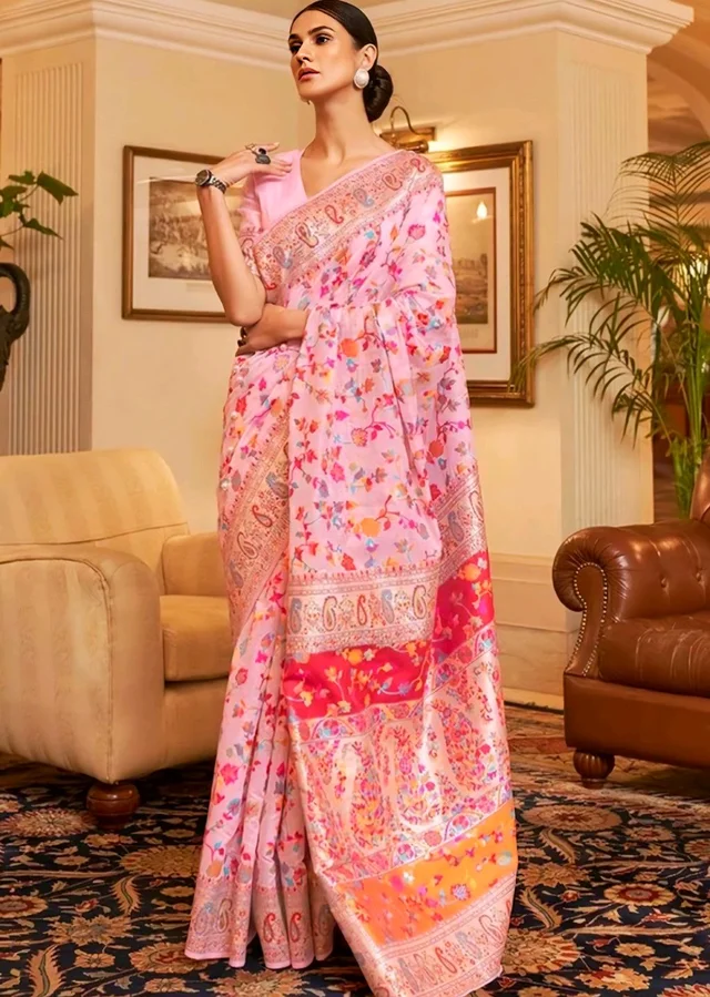 Women's Banarasi Cotton Silk Saree | Pashmina Jamawar Pattern & Golden Zari | Unstitched Blouse for Custom Fit - Free Size